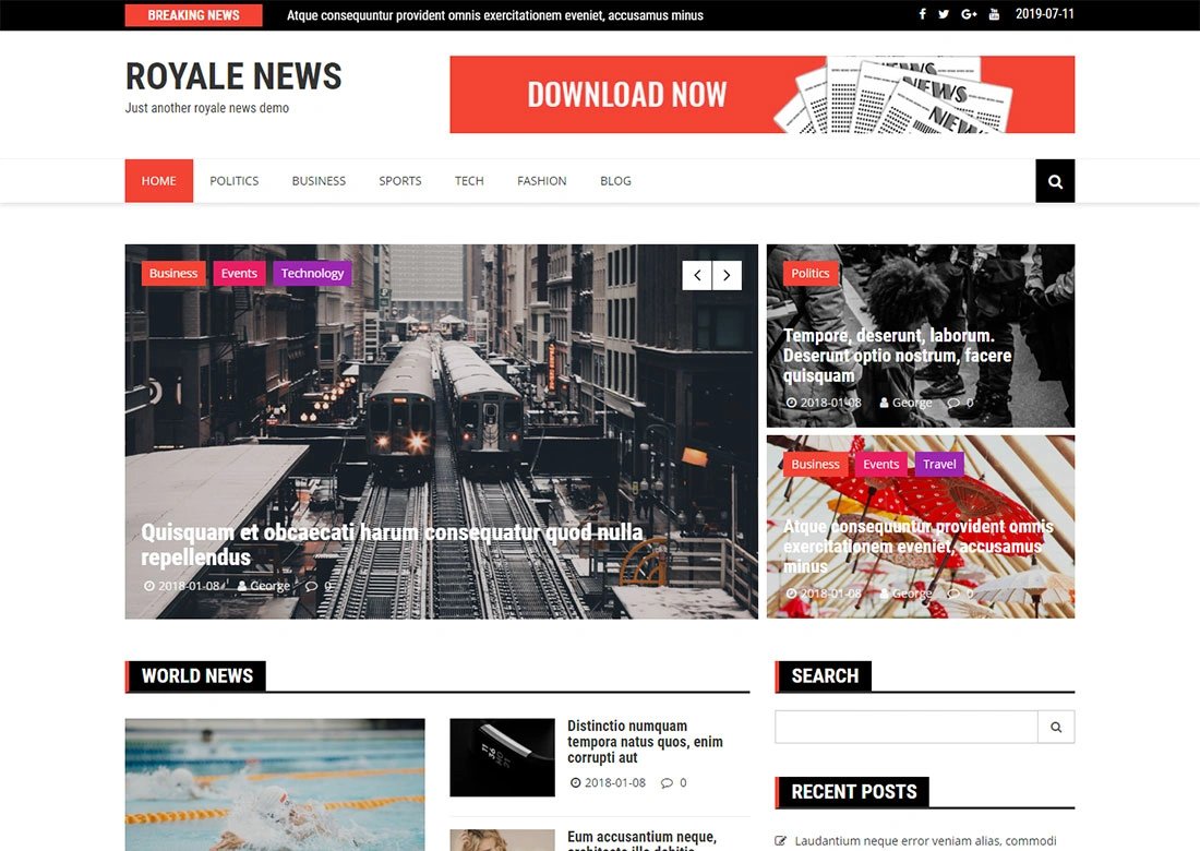 Screenshot of Royale News WordPress theme homepage featuring news categories and article previews in a clean layout.